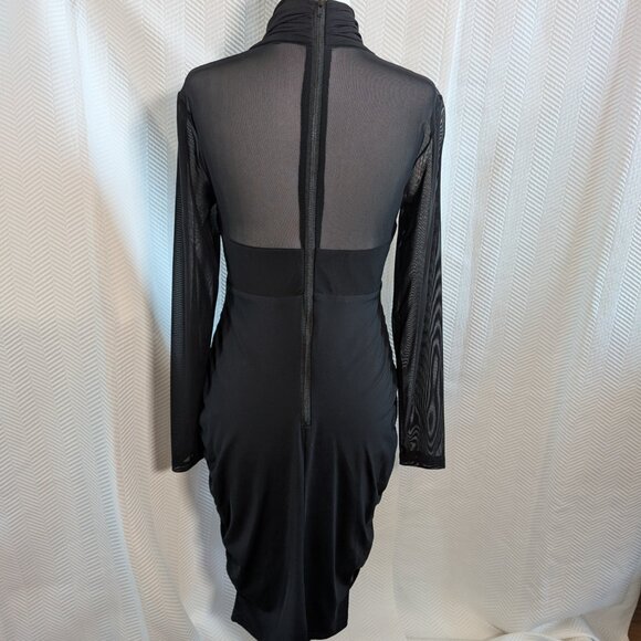 Bardot Black Mesh & Wrap Bodycon Dress Halter-Inspired Bodice Ruched Size 8/M - Picture 2 of 13